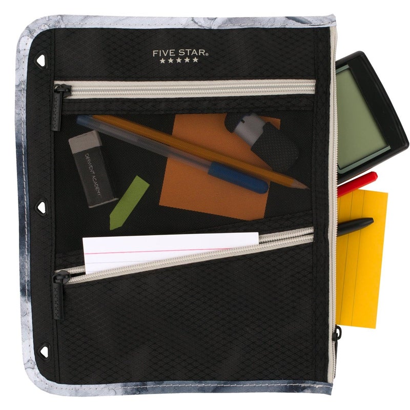 Five Star Pencil Pouch, Pen Case, Storage Organizer for Classroom Supplies Earbuds Chargers Cables Makeup, 3-Pocket, Fits 3 Ring Binder, Black/Grey (506420A-ECM) - Image 2